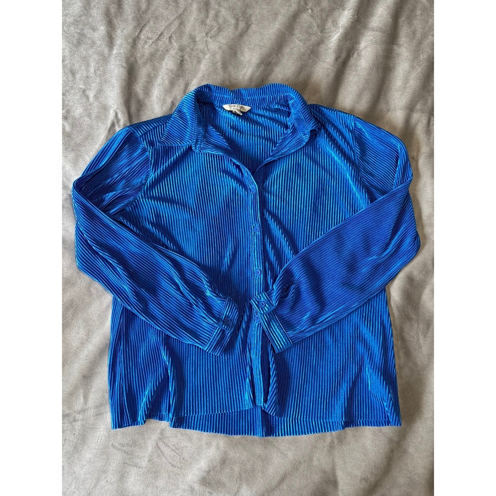 Nine Eight New York Royal Blue Pleated Button Down Long Sleeve Blouse Medium